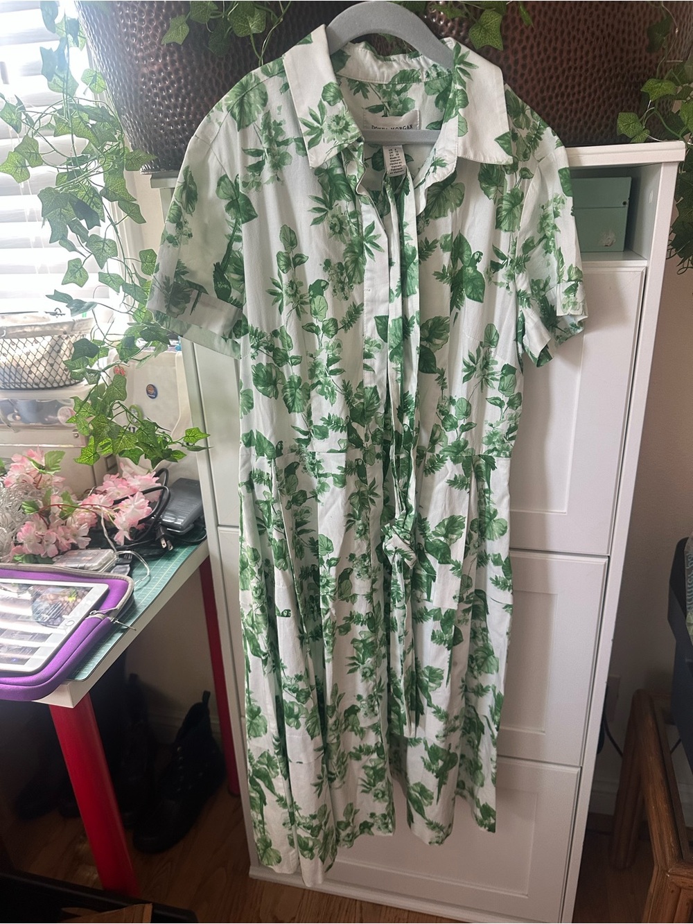 Donna Morgan White Dress with Green Leaf Print